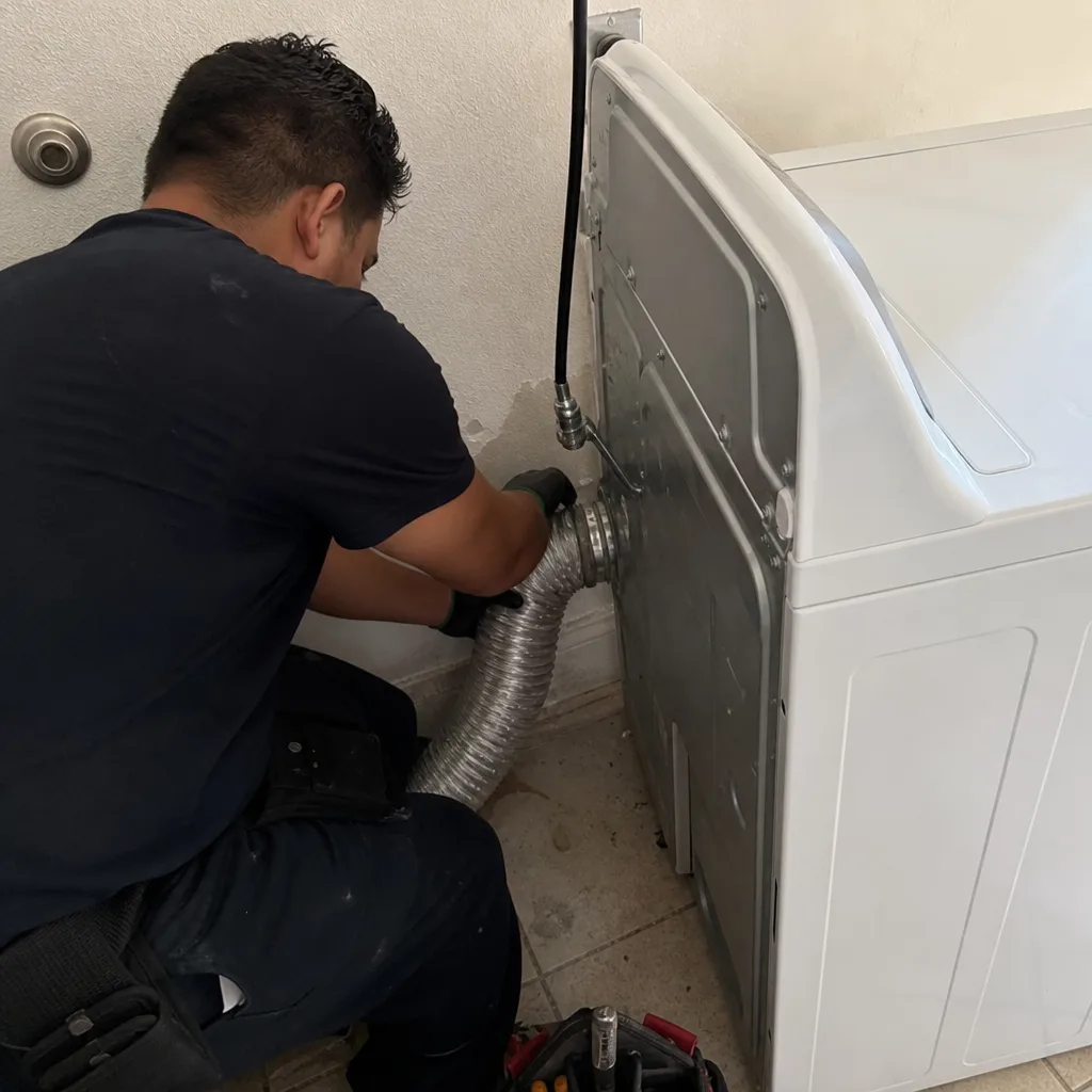 Technician connecting flexible metal dryer vent hose to clothes dryer
